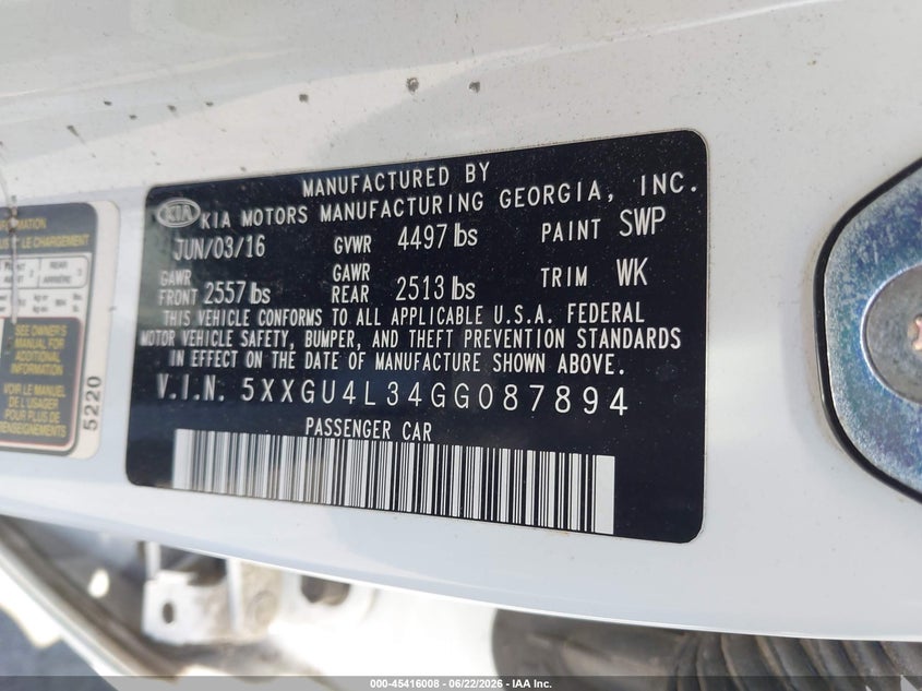2016 Kia Optima VIN 5XXGU4L34GG087894 IAAI salvage auction — REAR END, Salvage Title, sold $2,100 on 2026-07-17 (photo 9)