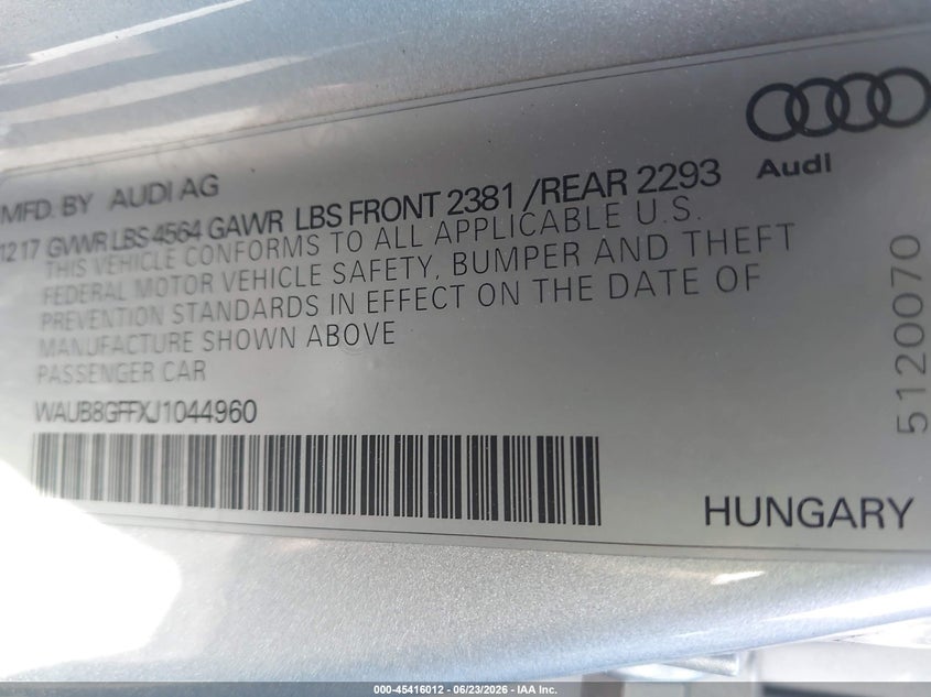 2018 Audi A3 VIN WAUB8GFFXJ1044960 IAAI salvage auction — FRONT END, Salvage Certificate (California), sold $200 on 2026-07-24 (photo 9)
