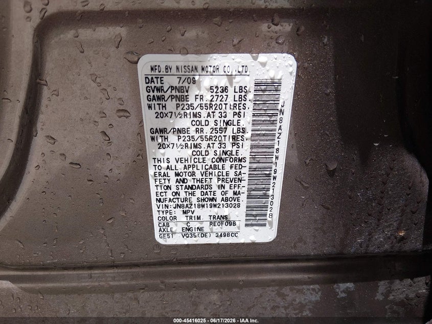 2009 Nissan Murano VIN JN8AZ18W19W213028 IAAI salvage auction — FRONT END, Clear (Alabama), sold $350 on 2026-07-13 (photo 9)