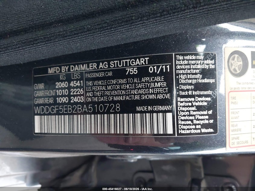 2011 Mercedes-benz C-klasse VIN WDDGF5EB2BA510728 IAAI salvage auction — LEFT SIDE, Salvage Certificate (California), sold $425 on 2026-08-07 (photo 9)