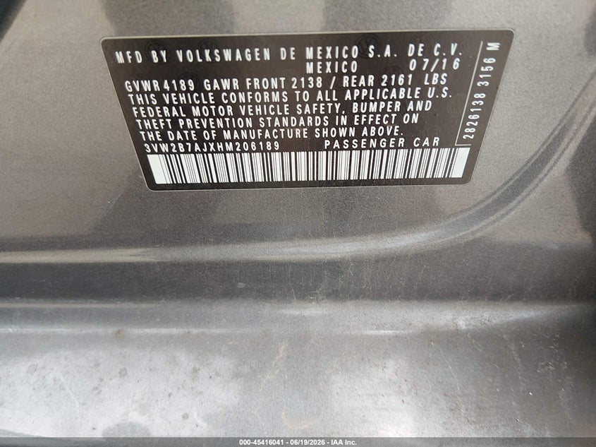 2017 Volkswagen Jetta VIN 3VW2B7AJXHM206189 IAAI salvage auction — FRONT END, Salvage (Texas), sold $1,650 on 2026-07-10 (photo 9)