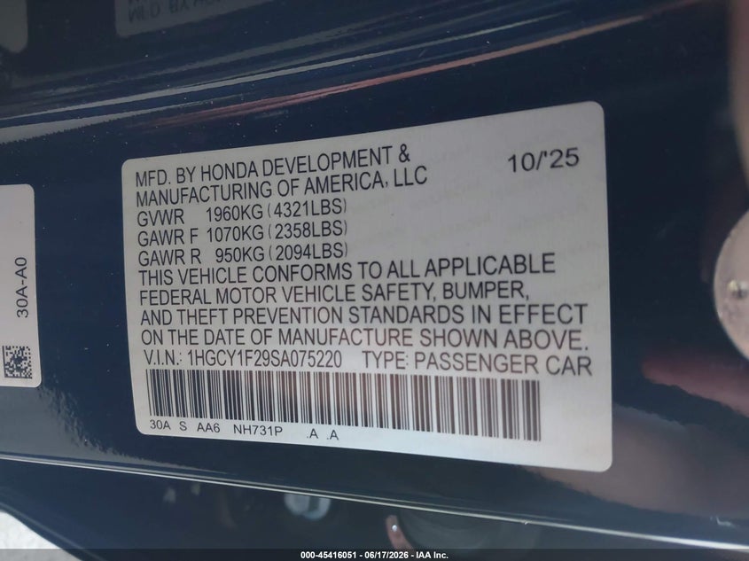 2025 Honda Accord VIN 1HGCY1F29SA075220 IAAI salvage auction — REAR END, Salvage Title, sold $7,600 on 2026-07-28 (photo 9)