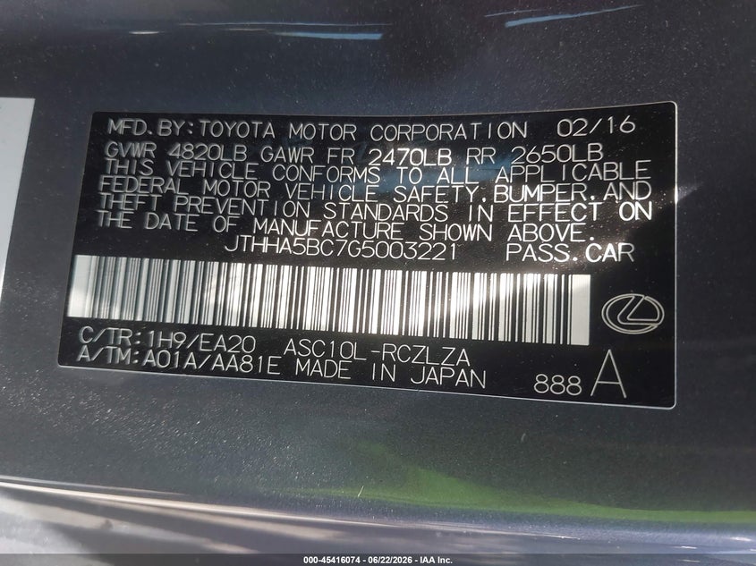 2016 Lexus Rc VIN JTHHA5BC7G5003221 IAAI salvage auction — FRONT END, Salvage (California), sold $7,575 on 2026-08-31 (photo 9)