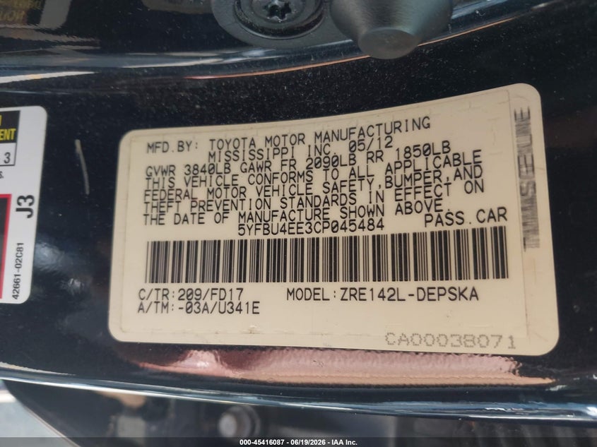 2012 Toyota Corolla VIN 5YFBU4EE3CP045484 IAAI salvage auction — LEFT REAR, Salvage (California), sold $1,750 on 2026-07-06 (photo 9)