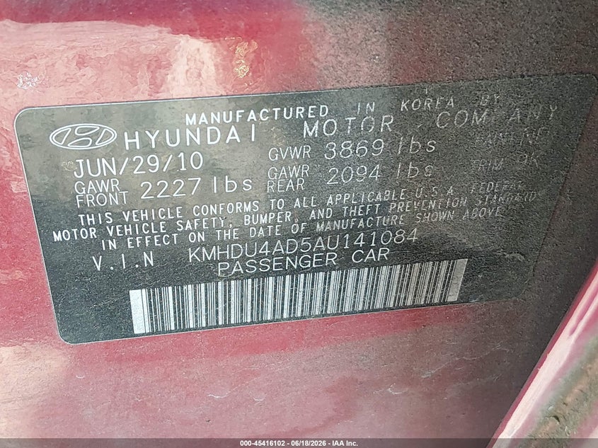 2010 Hyundai Elantra VIN KMHDU4AD5AU141084 IAAI salvage auction — FRONT END, Bill Of Sale (Washington), sold $250 on 2026-07-08 (photo 9)
