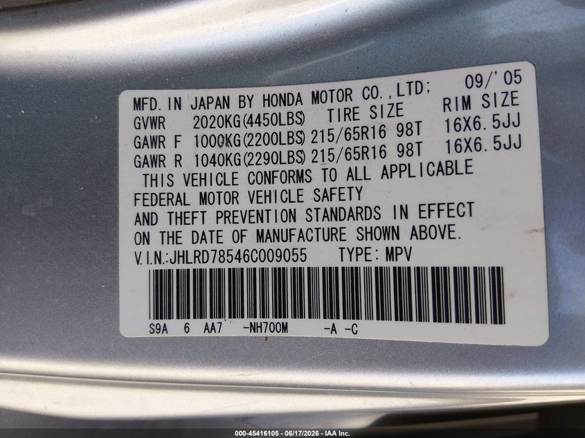 2006 Honda Cr-v VIN JHLRD78546C009055 IAAI salvage auction — SIDE, Salvage (California), sold $1,350 on 2026-07-08 (photo 9)