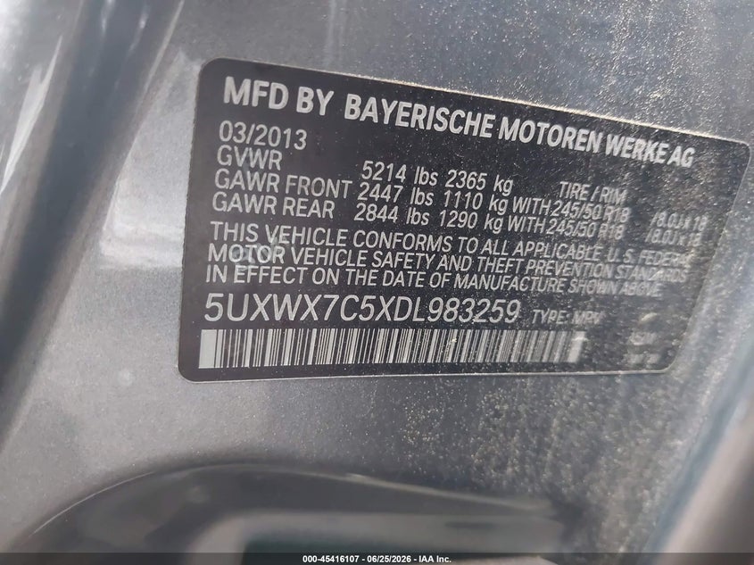 2013 BMW X3 VIN 5UXWX7C5XDL983259 IAAI salvage auction — FRONT & REAR, Clear (Virginia), sold $825 on 2026-07-23 (photo 9)