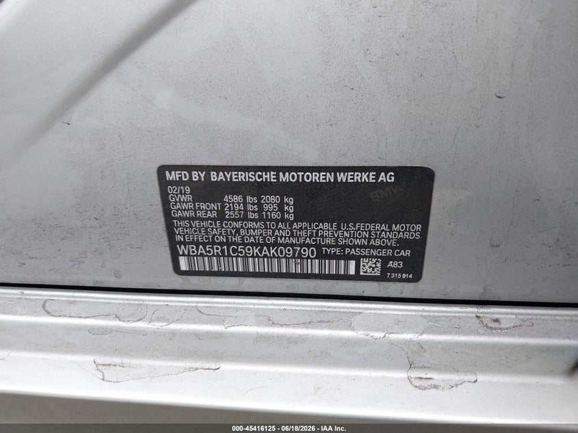 2019 BMW 3er VIN WBA5R1C59KAK09790 IAAI salvage auction — REAR END, Salvage Title, sold $9,400 on 2026-07-29 (photo 9)