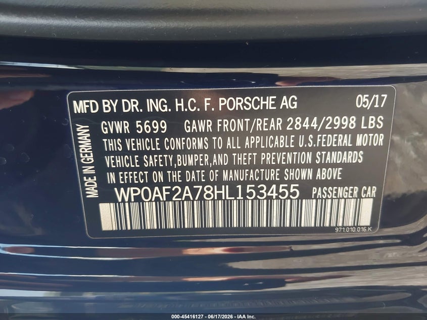 2017 Porsche Panamera VIN WP0AF2A78HL153455 IAAI salvage auction — ALL OVER, Salvage Title, sold $35,050 on 2026-07-20 (photo 9)