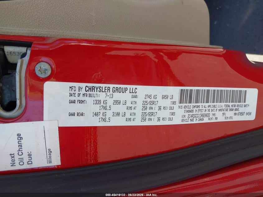 2013 Dodge VIN 2C4RDGCG1DR820693 IAAI salvage auction — REAR END, Salvage Title, sold $1,550 on 2026-07-10 (photo 9)