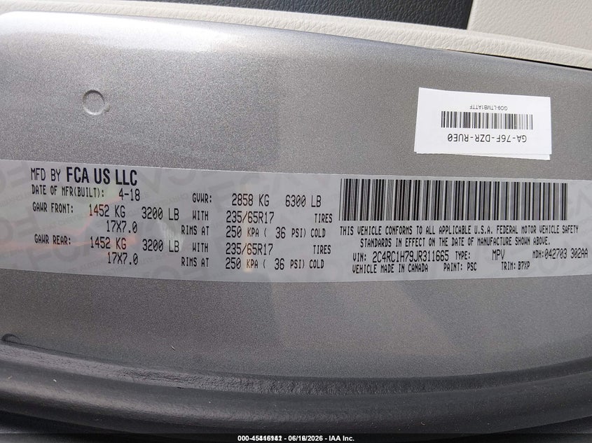 2018 Chrysler Pacifica VIN 2C4RC1H79JR311665 IAAI salvage auction — NORMAL WEAR, Sf97 (Washington), sold $325 on 2026-07-29 (photo 9)