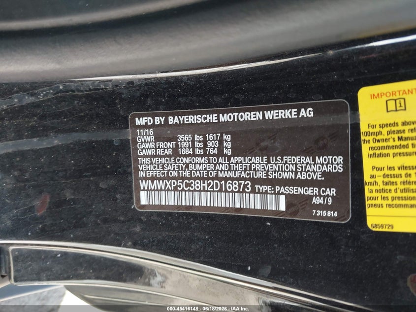 2017 Mini Cooper VIN WMWXP5C38H2D16873 IAAI salvage auction — RIGHT FRONT, Wait Title, sold $850 on 2026-09-15 (photo 9)