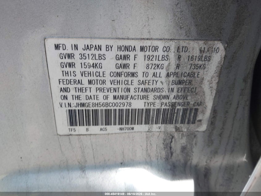 2011 Honda Fit VIN JHMGE8H56BC002978 IAAI salvage auction — NORMAL WEAR, Clear (Pennsylvania), sold $2,700 on 2026-07-07 (photo 9)