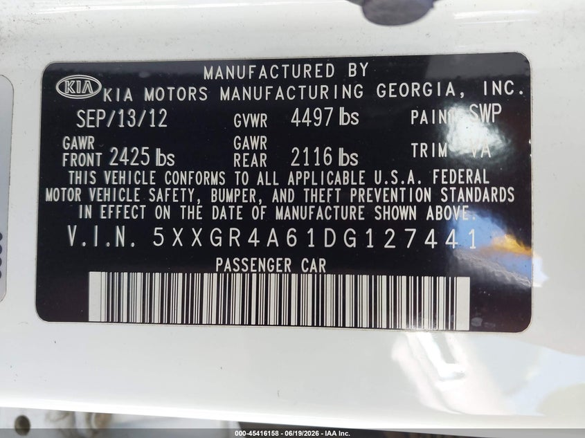 2013 Kia Optima VIN 5XXGR4A61DG127441 IAAI salvage auction — REAR END, Salvage (California), sold $1,350 on 2026-07-07 (photo 9)