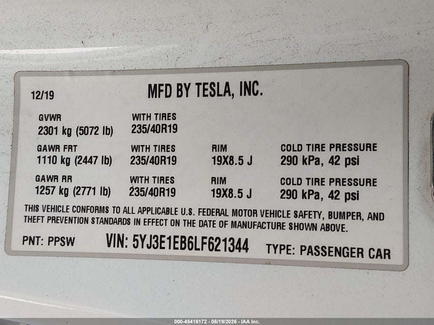 2020 Tesla Model 3 VIN 5YJ3E1EB6LF621344 IAAI salvage auction — FRONT END, Salvage (California), sold $5,300 on 2026-07-29 (photo 9)