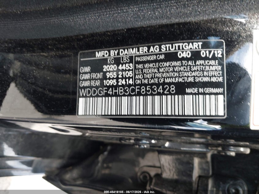 2012 Mercedes-benz C-klasse VIN WDDGF4HB3CF853428 IAAI salvage auction — NORMAL WEAR, Salvage (California), sold $500 on 2026-07-30 (photo 9)