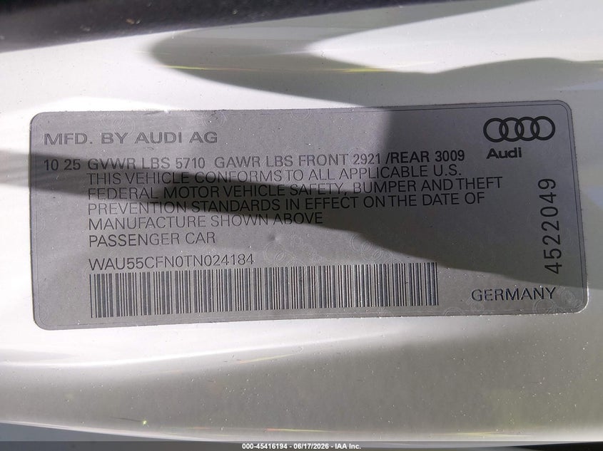2026 Audi A6 VIN WAU55CFN0TN024184 IAAI salvage auction — FRONT END, Salvage (California), sold $2,550 on 2026-07-29 (photo 9)
