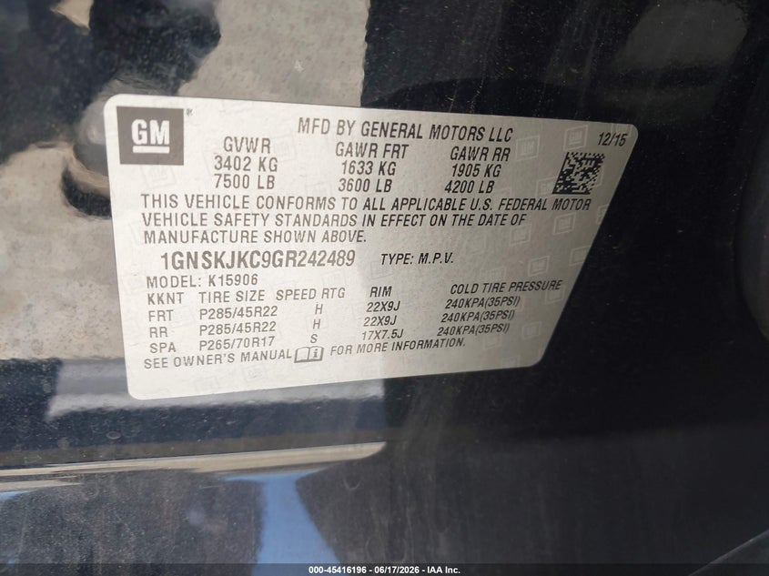 2016 Chevrolet Suburban VIN 1GNSKJKC9GR242489 IAAI salvage auction — NORMAL WEAR, Clear - Dealer Only (California), sold $3,125 on 2026-07-09 (photo 9)