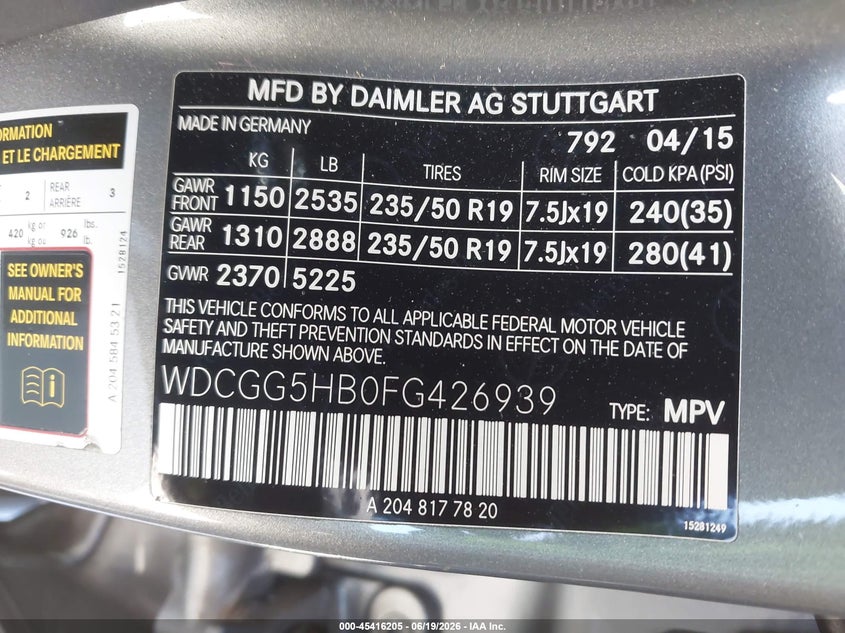 2015 Mercedes-benz Glk-klasse VIN WDCGG5HB0FG426939 IAAI salvage auction — FRONT END, Salvage (California), sold $4,150 on 2026-07-29 (photo 9)