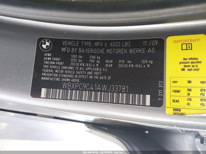 2010 BMW X3 VIN WBXPC9C41AWJ33781 IAAI salvage auction — FRONT END, Bill Of Sale (Washington), sold $375 on 2026-07-08 (photo 9)
