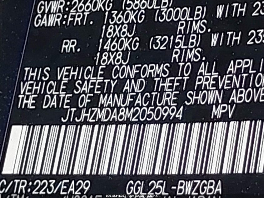 2021 Lexus Rx VIN JTJHZMDA8M2050994 IAAI salvage auction — REAR END, Mv-907A (New York), sold $12,750 on 2026-07-14 (photo 9)