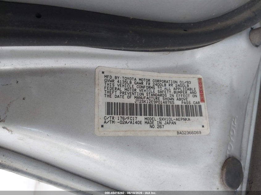 1993 Toyota Camry VIN JT2SK12E9P0148765 IAAI salvage auction — REAR END, Bill Of Sale (Washington), sold $275 on 2026-07-08 (photo 9)