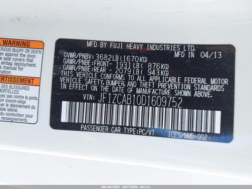 2013 Subaru Brz VIN JF1ZCAB10D1609752 IAAI salvage auction — FRONT & REAR, Salvage (Texas), sold $1,400 on 2026-07-21 (photo 9)