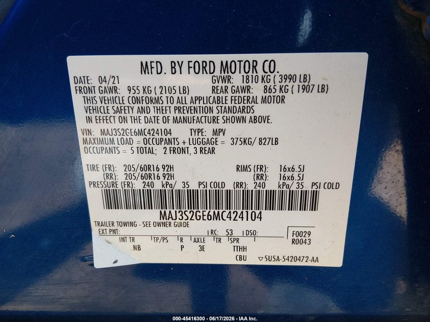 2021 Ford Ecosport VIN MAJ3S2GE6MC424104 IAAI salvage auction — RIGHT FRONT, Salvage Title, sold $1,300 on 2026-07-24 (photo 9)