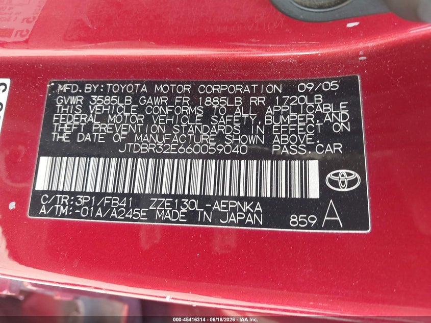2006 Toyota Corolla VIN JTDBR32E660059040 IAAI salvage auction — FRONT END, Salvage (Texas), sold $550 on 2026-07-21 (photo 9)