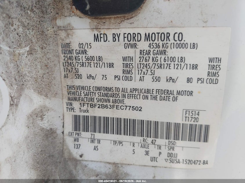 2015 Ford F250 VIN 1FTBF2B63FEC77502 IAAI salvage auction — LEFT FRONT, Salvage Title, sold $775 on 2026-09-05 (photo 9)