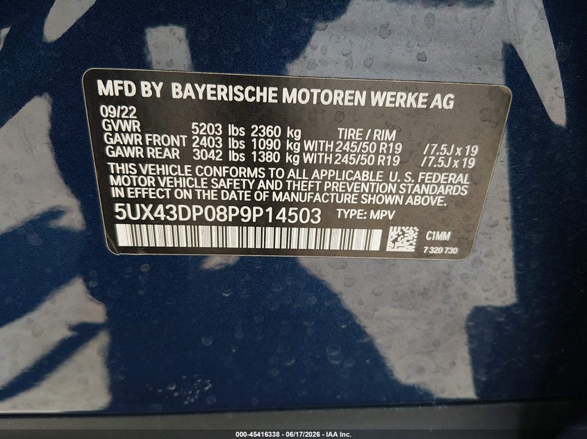 2023 BMW X3 VIN 5UX43DP08P9P14503 IAAI salvage auction — REAR END, Salvage (California), sold $12,750 on 2026-07-20 (photo 9)