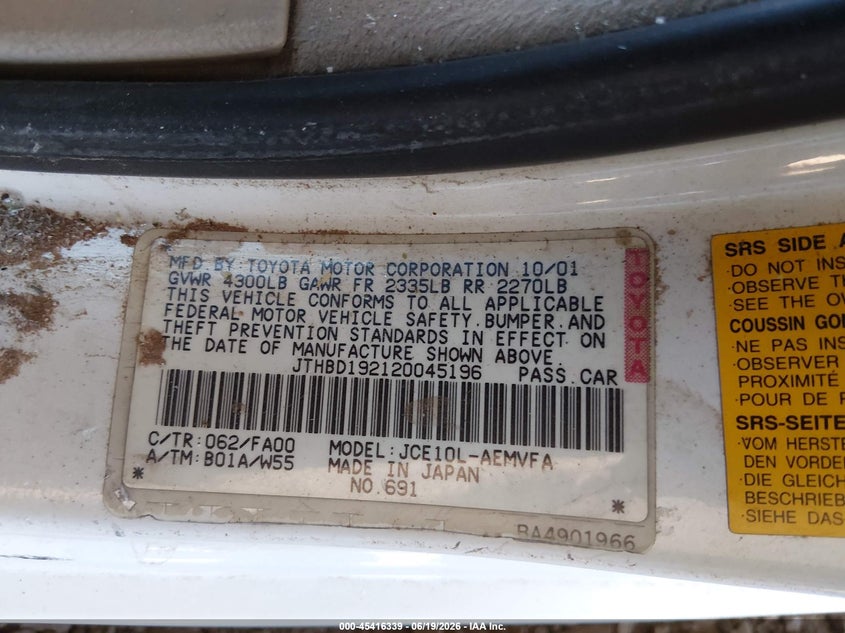 2002 Lexus Is 300 VIN JTHBD192120045196 IAAI salvage auction — LEFT & RIGHT, Salvage (Arizona), sold $1,700 on 2026-07-14 (photo 9)