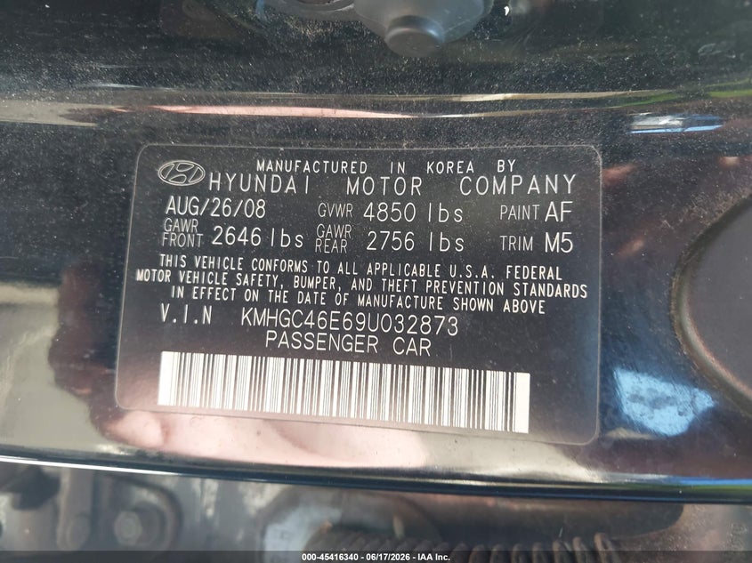 2009 Hyundai Genesis VIN KMHGC46E69U032873 IAAI salvage auction — HAIL, Original (Texas), sold $425 on 2026-07-13 (photo 9)