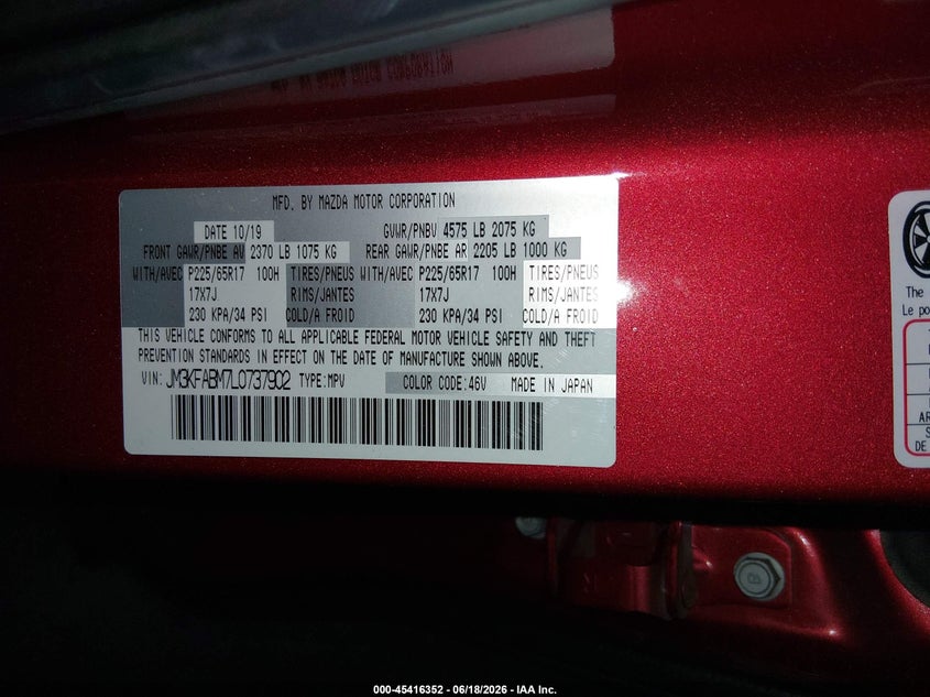 2020 Mazda Cx-5 VIN JM3KFABM7L0737902 IAAI salvage auction — RIGHT FRONT, Salvage (Arizona), sold $2,850 on 2026-07-28 (photo 9)