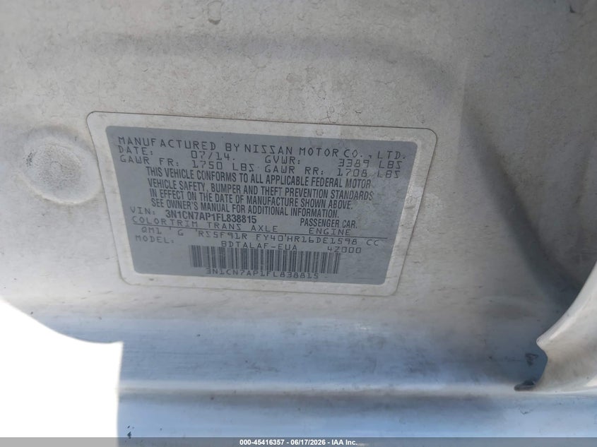 2015 Nissan Versa VIN 3N1CN7AP1FL838815 IAAI salvage auction — FRONT END, Salvage Title, sold $575 on 2026-07-23 (photo 9)