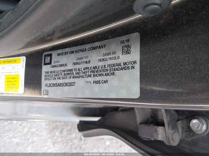 2016 Chevrolet Spark VIN KL8CB6SA8GC603537 IAAI salvage auction — NORMAL WEAR, Clear (Colorado), sold $250 on 2026-07-14 (photo 9)