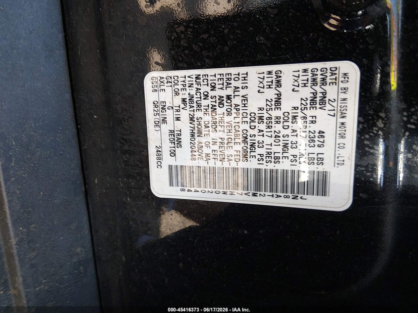 2017 Nissan Rogue VIN JN8AT2MV7HW020448 IAAI salvage auction — FRONT & REAR, Salvage Title, sold $875 on 2026-07-14 (photo 9)