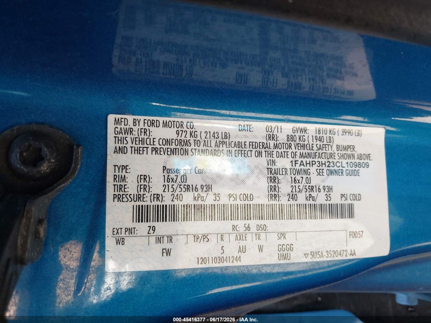 2012 Ford Focus VIN 1FAHP3H23CL109809 IAAI salvage auction — RIGHT REAR, Clear (Utah), sold $450 on 2026-07-09 (photo 9)