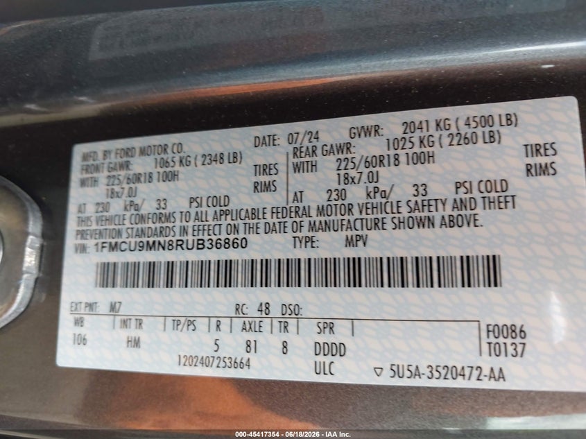 2024 Ford Escape VIN 1FMCU9MN8RUB36860 IAAI salvage auction — UNDERCARRIAGE, Scrap (Michigan), sold $8,650 on 2026-08-20 (photo 9)