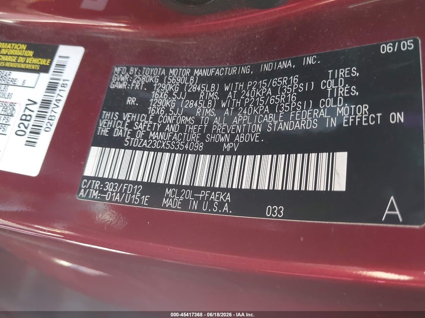 2005 Toyota Sienna VIN 5TDZA23CX5S354098 IAAI salvage auction — NORMAL WEAR, Original (Texas), sold $675 on 2026-07-13 (photo 9)