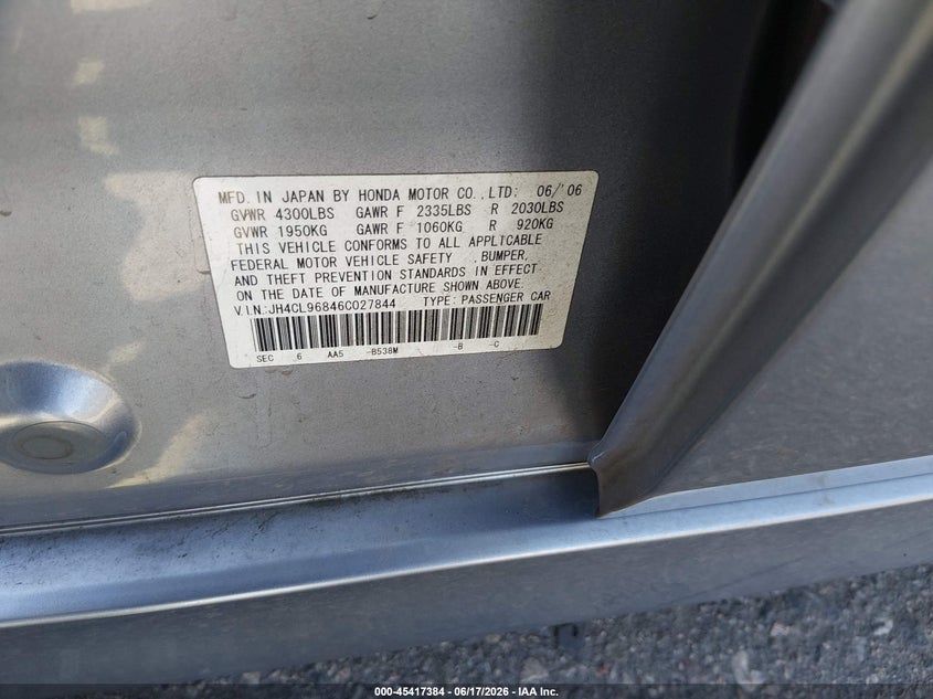 2006 Acura Tsx VIN JH4CL96846C027844 IAAI salvage auction — NORMAL WEAR, Salvage (Texas), sold $675 on 2026-07-28 (photo 9)