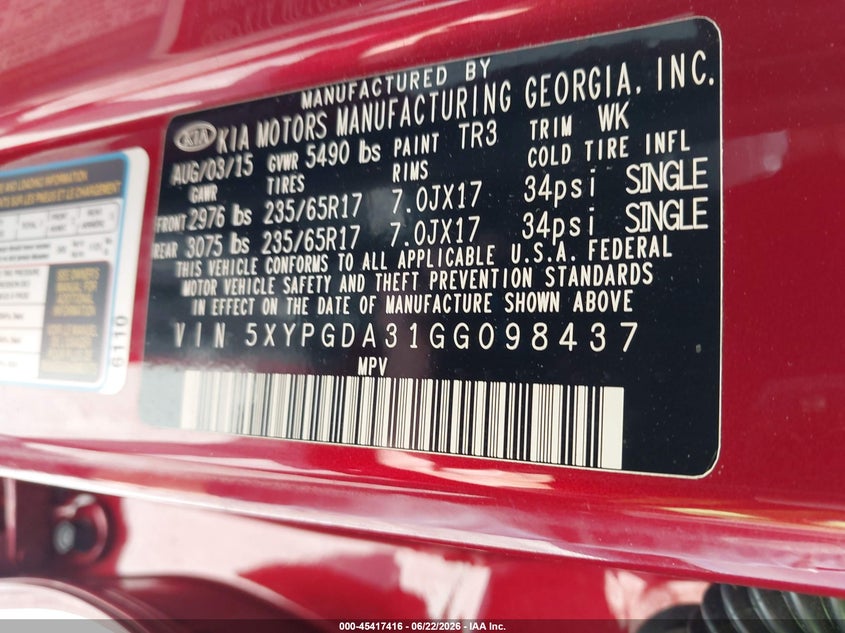 2016 Kia Sorento VIN 5XYPGDA31GG098437 IAAI salvage auction — REAR END, Salvage Title, sold $525 on 2026-07-28 (photo 9)