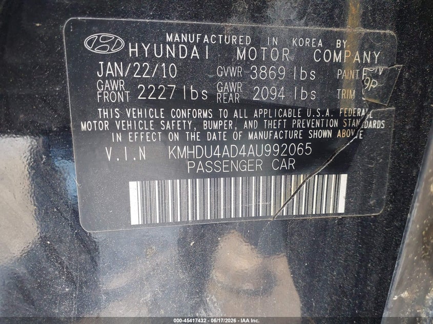 2010 Hyundai Elantra VIN KMHDU4AD4AU992065 IAAI salvage auction — NORMAL WEAR, Clear (Pennsylvania), sold $550 on 2026-07-16 (photo 9)