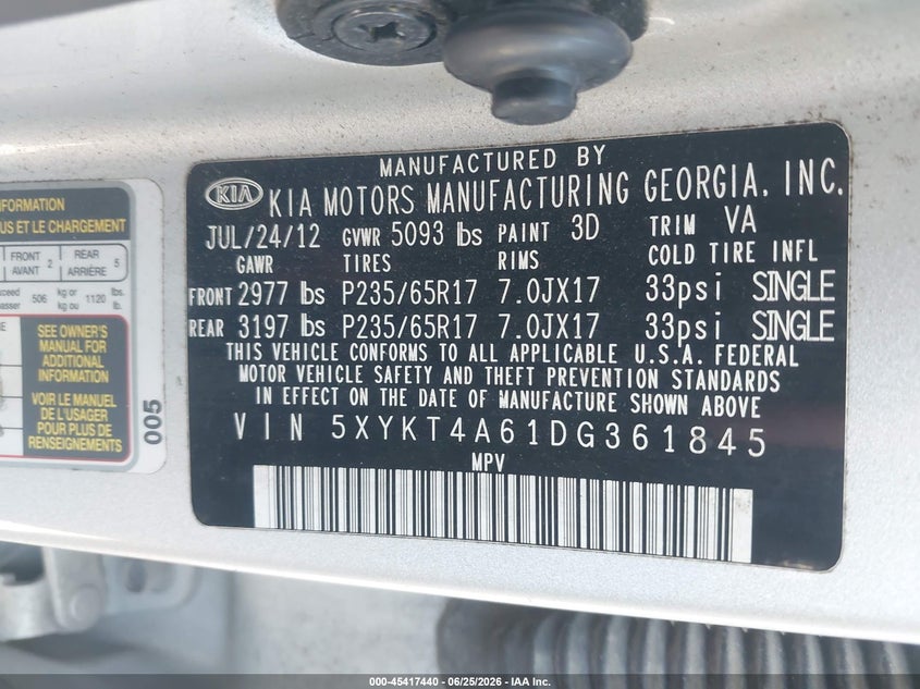2013 Kia Sorento VIN 5XYKT4A61DG361845 IAAI salvage auction — RIGHT SIDE, Salvage (Pennsylvania), sold $1,150 on 2026-07-31 (photo 9)