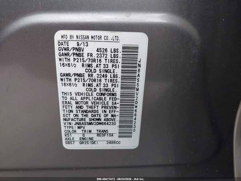 2013 Nissan Rogue VIN JN8AS5MV2DW664230 IAAI salvage auction — FRONT END, Clear (Virginia), sold $100 on 2026-07-14 (photo 9)