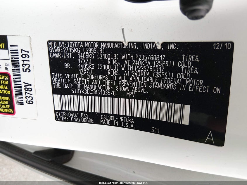 2011 Toyota Sienna VIN 5TDYK3DC3BS103576 IAAI salvage auction — FRONT END, Salvage (New Jersey), sold $700 on 2026-07-30 (photo 9)