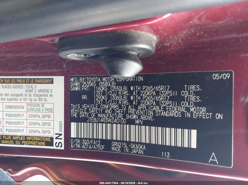 2009 Toyota 4runner VIN JTEBU14R39K040100 IAAI salvage auction — FRONT END, Salvage (North Carolina), sold $3,700 on 2026-07-24 (photo 9)