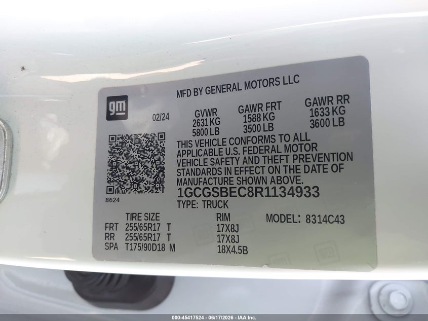 2024 Chevrolet Colorado VIN 1GCGSBEC8R1134933 IAAI salvage auction — FRONT END, Salvage Title, sold $8,900 on 2026-07-29 (photo 9)