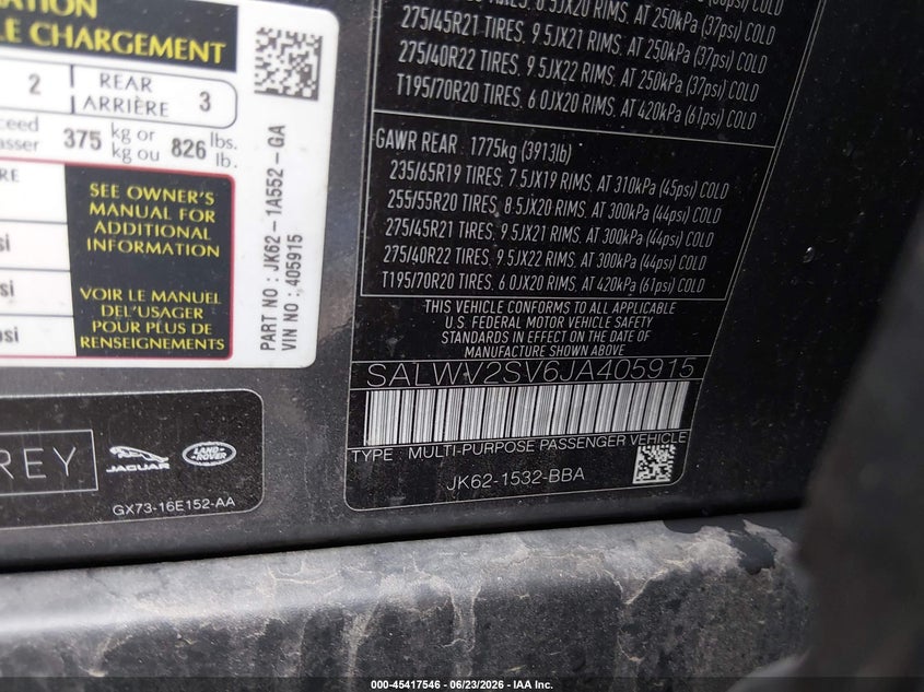2018 Land rover Range rover sport VIN SALWV2SV6JA405915 IAAI salvage auction — FRONT END, Salvage Title, sold $10,800 on 2026-08-01 (photo 9)