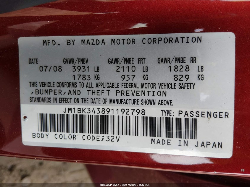 2009 Mazda 3 VIN JM1BK343891192798 IAAI salvage auction — FRONT & REAR, Salvage (Idaho), sold $375 on 2026-07-16 (photo 9)